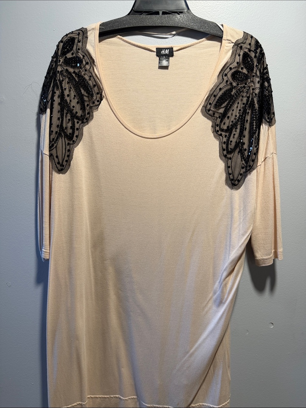 H&M Beige Tunic with Black Sequin Shoulder Appliqué
